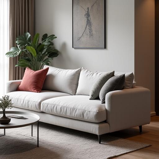 Elegant 'Bris' sofa med lav profil og mykt linstoff.