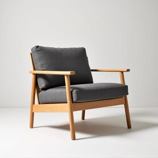 Moderne 'Skog' lounge stol i lys eik og grått ullstoff.